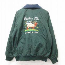 XL★古着 長袖 ナイロン ジャケット メンズ シカ 刺繍 ラグラン 緑他 グリーン 内側フリース 25feb21 中古 アウター