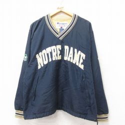 L★古着 チャンピオン Champion 長袖 ナイロン ジャケット メンズ 00年代 00s ノートルダム 刺繍 Vネック 紺 ネイビー 25feb25 中古 アウター