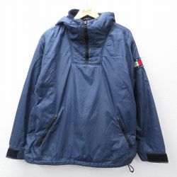 XL★古着 トミーヒルフィガー TOMMY HILFIGER トミージーンズ 長袖 ブランド ハーフジップ ナイロン ジャケット パーカー メンズ 90年代 90s ビッグロゴ 紺 ネイビー 内側フリース 【spe】 25sep26 中古 アウター