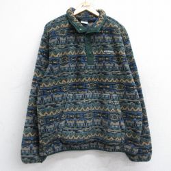 XL★古着 コロンビア COLUMBIA 長袖 フリース ジャケット メンズ ネイティブ柄 ラグ柄 スナップT 濃緑他 グリーン 25sep26 中古 アウター