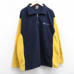 XL★古着 チャンピオン champion 長袖 ハーフジップ フリース ジャケット メンズ 00年代 00s ワンポイントロゴ ロング丈 ツートンカラー 紺他 ネイビー 25sep27 中古 アウター