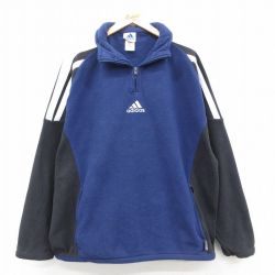 XL★古着 アディダス adidas 長袖 ハーフジップ フリース ジャケット メンズ 90年代 90s ワンポイントロゴ 大きいサイズ 紺他 ネイビー 3本ライン 【spe】 25sep29 中古 アウター
