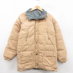 L★古着 長袖 キルティング ダウン ジャケット メンズ 90年代 90s リバーシブル ラグラン ロング丈 ベージュ カーキ 25oct01 中古 アウター