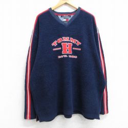 XL★古着 トミーヒルフィガー TOMMY HILFIGER トミージーンズ 長袖 ブランド フリース ジャケット メンズ 90年代 90s ビッグロゴ 大きいサイズ Vネック 紺 ネイビー 25oct18 中古 アウター