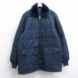 L★古着 長袖 キルティング ジャケット メンズ 80年代 80s 襟ファー ロング丈 紺 25nov13