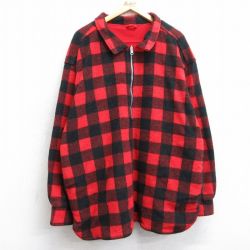XL★古着 マルボロ 長袖 ハーフジップ フリース ジャケット メンズ 90年代 90s リバーシブル 襟付き 大きいサイズ ロング丈 赤他 チェック 25nov14