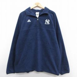 XL★古着 アディダス adidas 長袖 ハーフジップ フリース ジャケット メンズ MLB ニューヨークヤンキース ラグラン 紺 メジャーリーグ ベースボール 野球 25nov14