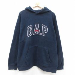 XL★古着 ギャップ GAP 長袖 フリース トップス パーカー メンズ 00年代 00s ビッグロゴ 刺繍 紺 25nov21
