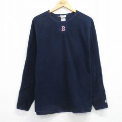 L★古着 マジェスティック 長袖 フリース トップス メンズ 00年代 00s MLB ボストンレッドソックス ラグラン クルーネック 紺 メジャーリーグ ベースボール 野球 25nov26
