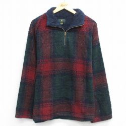 XL★古着 長袖 ハーフジップ フリース ジャケット メンズ 90年代 90s カナダ製 赤他 チェック 25nov29