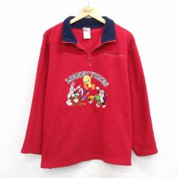 XL★古着 長袖 ハーフジップ フリース ジャケット メンズ ルーニーテューンズ トゥイーティー タズ バッグスバニー 刺繍 赤 25dec20