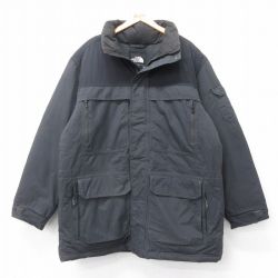 XL★古着 ノースフェイス 長袖 ナイロン ダウン ジャケット メンズ ワンポイントロゴ ロング丈 濃グレー他【spe】 25dec18