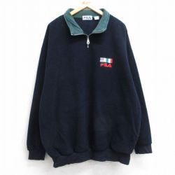 XL★古着 フィラ FILA 長袖 ハーフジップ フリース ジャケット メンズ 90年代 90s ワンポイントロゴ 紺 25dec20