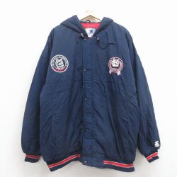 XL★古着 スターター 長袖 ジャケット パーカー メンズ 90年代 90s コネチカットハスカーズ 大きいサイズ ロング丈 刺繍 濃紺【spe】 25dec19