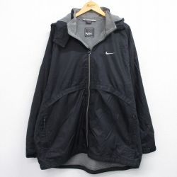 XL★古着 ナイキ NIKE 長袖 ナイロン ジャケット パーカー メンズ 00年代 00s ワンポイントロゴ 大きいサイズ ロング丈 黒 内側フリース 25dec22