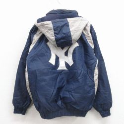 XL★古着 長袖 ジャケット パーカー メンズ 00年代 00s MLB ニューヨークヤンキース 刺繍 ラグラン 紺 メジャーリーグ ベースボール 野球 25dec24