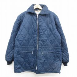 XL★古着 長袖 ナイロン キルティング ジャケット メンズ 80年代 80s ロング丈 タロン 濃紺 内側ボア 26jan19