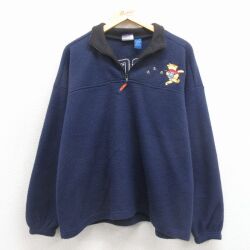 L★古着 長袖 ハーフジップ フリース ジャケット メンズ 00年代 00s ディズニー くまのプーさん 刺繍 紺 26jan24