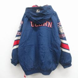 XL★古着 スターター 長袖 ナイロン ジャケット パーカー メンズ 90年代 90s ユーコンハスカーズ 刺繍 大きいサイズ ロング丈 紺 内側キルティング【spe】 26feb18
