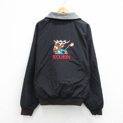 XL★古着 長袖 ナイロン ジャケット メンズ BUCKHORN 刺繍 ラグラン 黒 内側フリース 26feb25