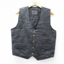 M★古着 レザー ベスト メンズ 黒 ブラック 25oct06 中古 アウター