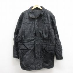 XL★古着 長袖 レザー ジャケット コート メンズ 大きいサイズ ロング丈 黒 25nov12