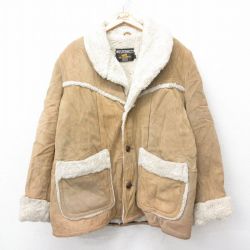 XL★古着 シアーズ 長袖 スエード レザー ボア ジャケット ランチ コート メンズ 80年代 80s ベージュ他【spe】 26jan20