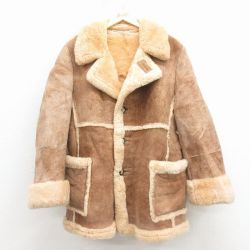 XL★古着 長袖 ムートン レザー ジャケット コート メンズ 80年代 80s ロング丈 USA製 ベージュ他【spe】 26jan22