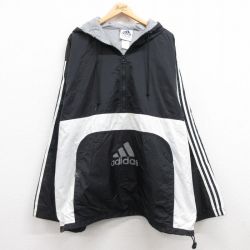 【50%OFF】XL★古着 アディダス adidas 長袖 ハーフジップ ナイロン ジャケット パーカー メンズ 90年代 90s ビッグロゴ 大きいサイズ ロング丈 黒 ブラック 3本ライン 24dec10 中古 アウター ウインドブレーカー