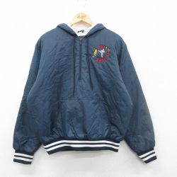 XL★古着 長袖 フルジップ ナイロン ジャケット パーカー メンズ 90年代 90s KID 空手 紺 ネイビー 内側キルティング 24dec13 中古 アウター ウインドブレーカー
