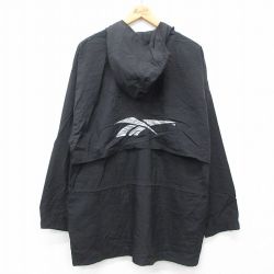 M★古着 リーボック REEBOK 長袖 ナイロン ジャケット パーカー メンズ 90年代 90s ビッグロゴ ロング丈 黒他 ブラック 24dec16 中古 アウター ウインドブレーカー