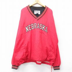 XL★古着 チャンピオン Champion 長袖 ナイロン ジャケット メンズ 00年代 00s NEBRASKA 大きいサイズ Vネック 赤 レッド 24dec17 中古 アウター ウインドブレーカー