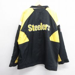 【50%OFF】XL★古着 長袖 ナイロン ジャケット メンズ 90年代 90s NFL ピッツバーグスティーラーズ 刺繍 大きいサイズ 黒他 ブラック 内側キルティング アメフト スーパーボウル 25feb14 中古 アウター ウインドブレーカー