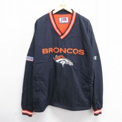 XL★古着 チャンピオン Champion 長袖 ナイロン ジャケット メンズ 00年代 00s NFL デンバーブロンコス 刺繍 Vネック 濃紺 ネイビー 内側メッシュ アメフト スーパーボウル 25feb14 中古 アウター ウインドブレーカー
