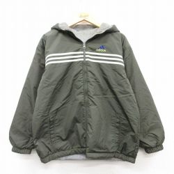 【50%OFF】M★古着 アディダス adidas 長袖 ナイロン ジャケット パーカー メンズ 90年代 90s ビッグロゴ 刺繍 リバーシブル 緑他 グリーン 3本ライン 25feb20 中古 アウター ウインドブレーカー