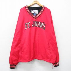 XL★古着 チャンピオン champion 長袖 ナイロン ジャケット メンズ 00年代 00s セントジョンズ 刺繍 大きいサイズ Vネック 赤他 レッド 25feb25 中古 アウター ウインドブレーカー