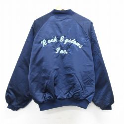 XL★古着 長袖 ナイロン ジャケット メンズ 80年代 80s ROCK 刺繍 ラグラン USA製 紺 ネイビー 内側キルティング 【spe】 25feb25 中古 アウター ウインドブレーカー