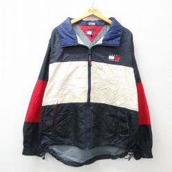 XL★古着 トミーヒルフィガー TOMMY HILFIGER 長袖 ブランド ナイロン ジャケット メンズ 90年代 90s ワンポイントロゴ 濃紺他 ネイビー 25feb28 中古 アウター ウインドブレーカー