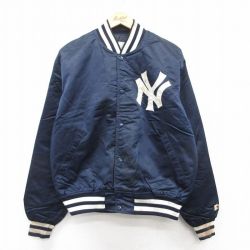 XL★古着 スターター STARTER 長袖 ナイロン ジャケット メンズ 90年代 90s MLB ニューヨークヤンキース 紺他 ネイビー 内側キルティング メジャーリーグ ベースボール 野球 【spe】 25mar25 中古 アウター ウインドブレーカー