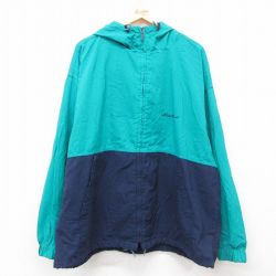 XL★古着 エディーバウアー 長袖 ナイロン ジャケット パーカー メンズ 90年代 90s ワンポイントロゴ ツートンカラー 大きいサイズ 青緑他 【spe】 25mar27 中古 アウター ウインドブレーカー