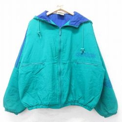 XL★古着 アディダス adidas 長袖 ナイロン ジャケット パーカー メンズ 90年代 90s ビッグロゴ リーフ トレフォイル 刺繍 大きいサイズ 青緑他 3本ライン 内側キルティング 25sep16 中古 アウター ウインドブレーカー