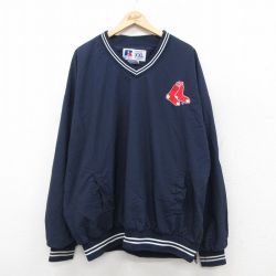 XL★古着 ラッセル 長袖 ナイロン ジャケット メンズ 00年代 00s MLB ボストンレッドソックス 大きいサイズ Vネック 紺 ネイビー メジャーリーグ ベースボール 野球 25sep29 中古 アウター ウインドブレーカー