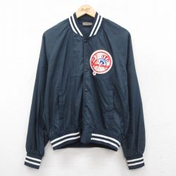 L★古着 チョークライン 長袖 ナイロン ジャケット スタジャン メンズ 90年代 90s MLB ニューヨークヤンキース ラグラン 紺 ネイビー メジャーリーグ ベースボール 野球 25oct01 中古 アウター ウインドブレーカー