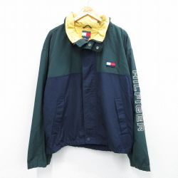 XL★古着 トミーヒルフィガー TOMMY HILFIGER 長袖 ブランド ナイロン ジャケット メンズ 90年代 90s ビッグロゴ 大きいサイズ 緑他 グリーン 内側メッシュ 25oct24 中古 アウター ウインドブレーカー