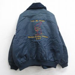 XL★古着 長袖 ナイロン ジャケット メンズ 80年代 80s ミリタリー 韓国 朝鮮 刺繍 襟ファー 大きいサイズ 紺 内側キルティング【spe】 25dec18