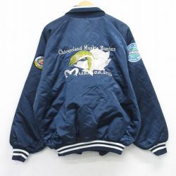 XL★古着 長袖 ナイロン ジャケット メンズ 90年代 90s MUSKIES 魚 刺繍 ラグラン 大きいサイズ USA製 紺他 内側キルティング【spe】 26feb06