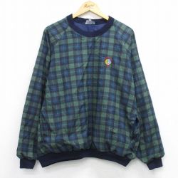 XL★古着 長袖 ナイロン ジャケット メンズ HALF MOON BAY 大きいサイズ クルーネック 濃紺他 チェック 26mar07
