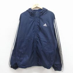 XL★古着 アディダス adidas 長袖 ナイロン ジャケット パーカー メンズ 90年代 90s ワンポイントロゴ 紺 3本ライン 26mar17