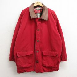 XL★古着 マルボロ 長袖 ジャケット カバーオール メンズ 00年代 90年代 90s 襟レザー ダック地 大きいサイズ ロング丈 コットン 赤 レッド 内側フランネル 24dec02 中古 アウター ジャンパー ブルゾン