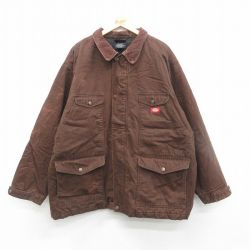 XL★古着 ディッキーズ Dickies 長袖 ジャケット メンズ 襟コーデュロイ 大きいサイズ ロング丈 コットン 茶 ブラウン 24dec11 中古 アウター ジャンパー ブルゾン